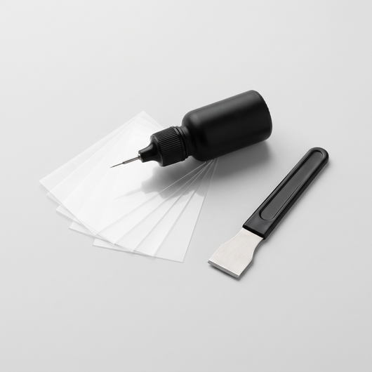 WARD GlassFix windshield repair kit: resin applicator, curing films and razor blade